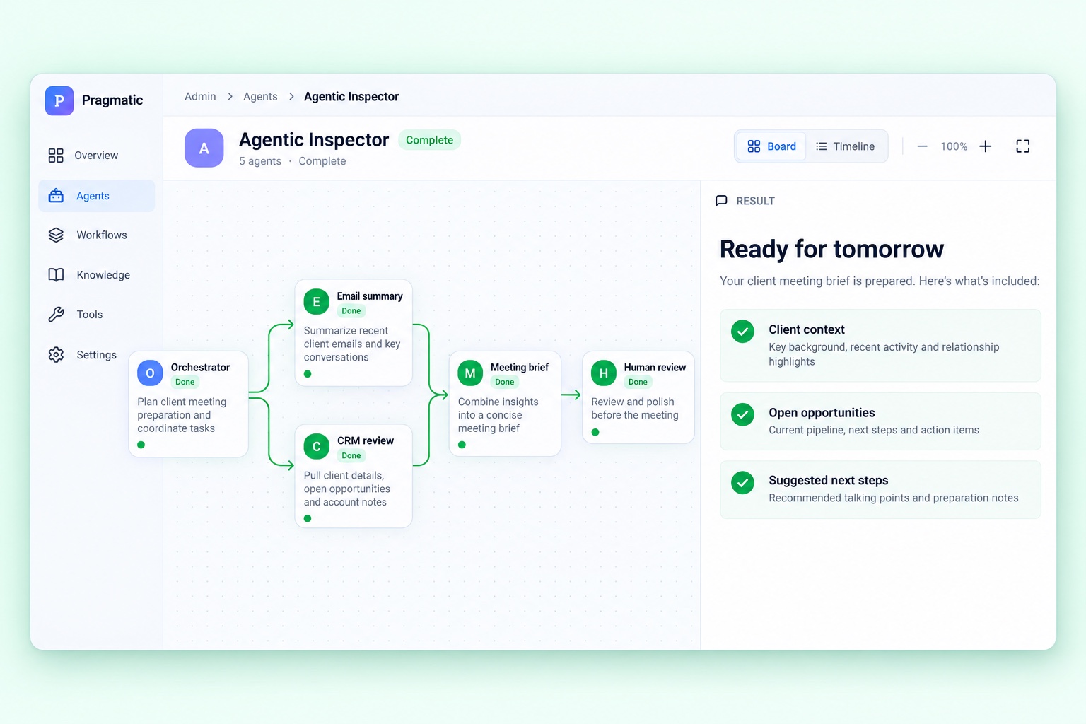 Agentic Inspector showcase — meeting preparation workflow